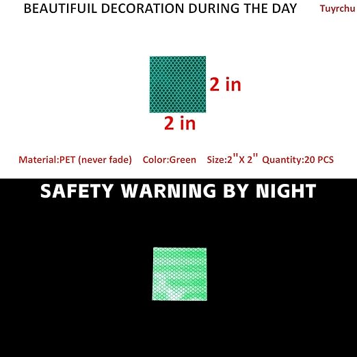 Non Fading Green Reflective Stickers 2 inch X 2 inch, Outdoor Waterproof High Visibility Warning Safety Adhesive Reflector Tape (20 Pcs)