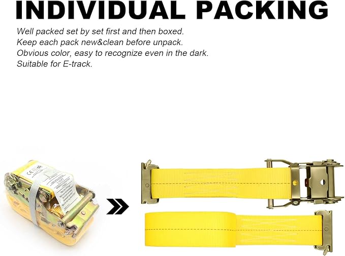8Pack E-Track Straps Ratchet Etrack Strap Box Truck Strap Tie Down Heavy Duty 2" x15' 4400lbs Breaking Load, 2200 Working Load E-Track Accessories Yellow