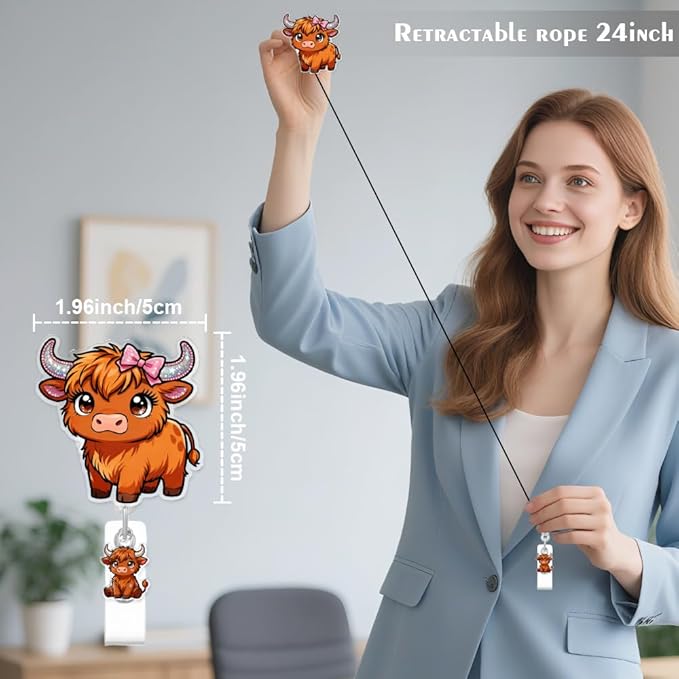 Cute Highland Cattle Badge Reel for ID Card, Funny Bow Cattle Retractable Nurse Alligator Clip Badge Reel for Women, ID Name Tag Badge Holder for Office School Hospital Nurses Doctors Teachers
