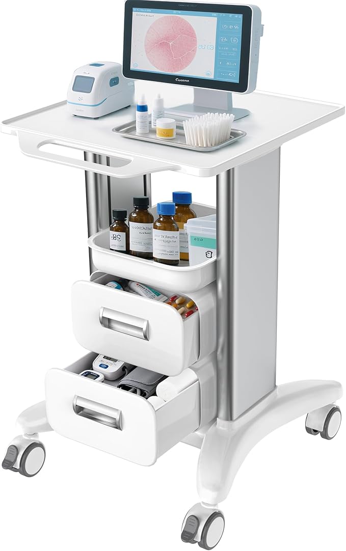 Medical Trolley Cart with Drawers, Hospital Mobile Ultrasound Cart with Trays & 4 Silent Swivel Wheels, 220 LBS Load Portable Storage Drawer for Hospital, Dental Clinic, Beauty Salon (Without Socket)