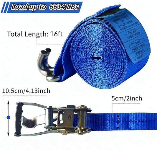 4 Pack Heavy Duty Ratchet Tie Down Straps 2" x16' – 6614 lbs Break Strength Cargo Straps with Metal Hooks for Truck, Trailer, Moving, Motorcycle & ATV, Blue