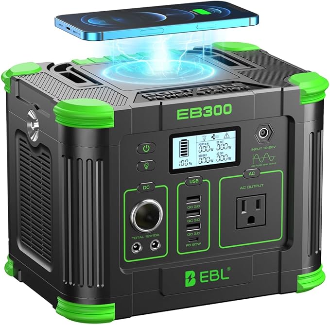 EBL Portable Power Station, 330W 288.6Wh Solar Generator 60W USB-C PD, 5W Wireless Charger, SOS Emergency Light, Multi-Port Power Supply for Outdoor Camping, Home Blackout, RV Travel
