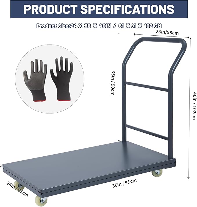 Platform Truck Industrial Flatbed Cart with Wheels, 36"x24" Moving Cart 2000lb Capacity Hand Tuck for Garages, Warehouse
