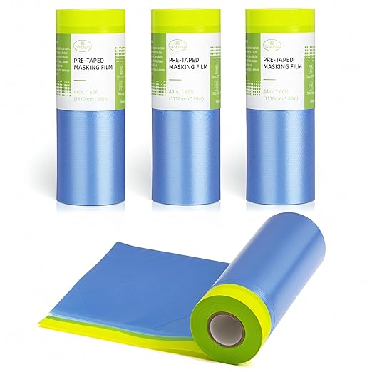 Pre-Taped Masking Film for Painting - 44" x 66' Painters Plastic Sheeting with Automotive Paint Tape and Drape for Covering Cars, Walls, Windows and Furniture Protection (4 Rolls)