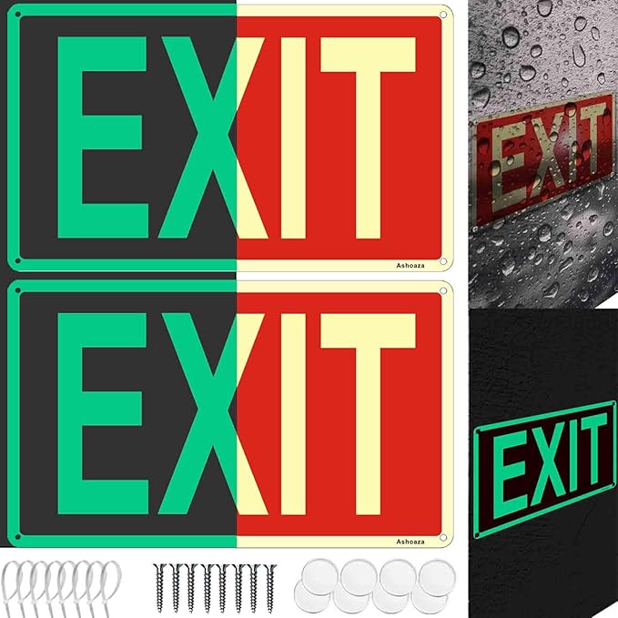 Glow in the Dark Exit Sign Aluminum - 2 Pcs 12x7 In - Ultimate UV, Weather & Fade Resistance, Indoor & Outdoor for Business, School, Office, Warehouse (Fire Emergency Signs), Includes accessories