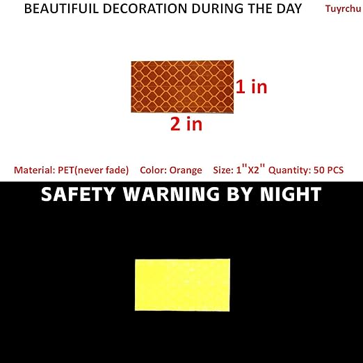 Non Fading Orange Reflective Stickers 1 inch X 2 inch, Outdoor Waterproof High Visibility Warning Safety Adhesive Reflector Tape (50 Pcs)