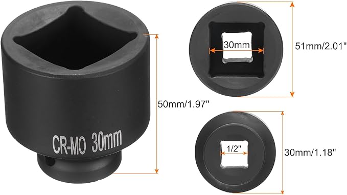 HARFINGTON 4 Point Square Socket 1/2" Drive 30mm Metric Square Impact Socket CR-MO Blackening Standard Wheel Sockets Pneumatic Socket Tool for Auto Repair Mechanical Maintenance Home Use