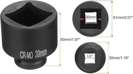 HARFINGTON 4 Point Square Socket 1/2" Drive 30mm Metric Square Impact Socket CR-MO Blackening Standard Wheel Sockets Pneumatic Socket Tool for Auto Repair Mechanical Maintenance Home Use
