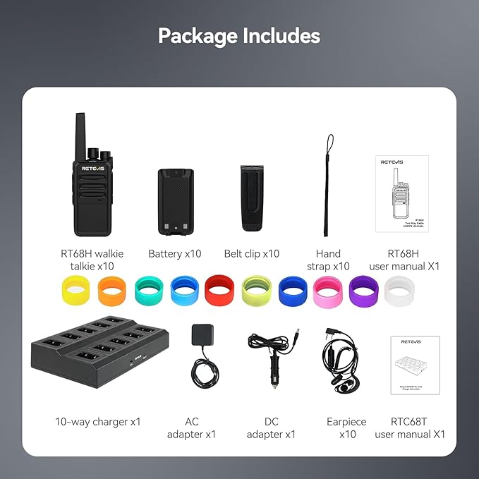 Retevis RT68H 2 Way Radio Long Range, Rechargeable Walkie Talkies with Earpiece, LCD Display, Squelch, 1200mAh, Rugged Two Way Radio(10 Pack with Gang Charger)