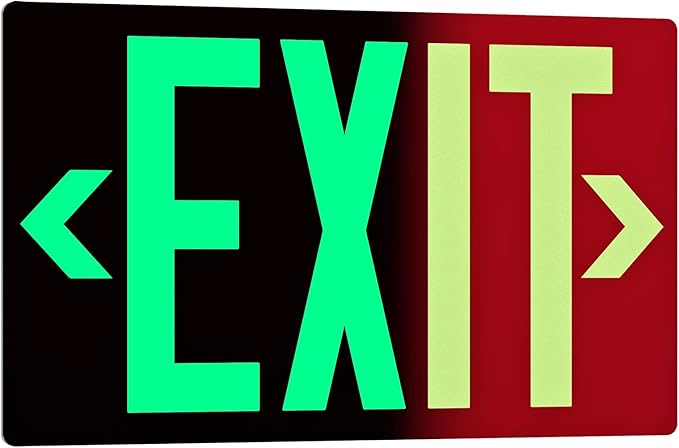 Photoluminescent Exit Sign Aluminum - Adhesive Backing Glow In The Dark - Removable Arrows Included - 12x7 Inches - Non Electrical Red Exit Light For 50 Feet Visibility (1 Pack)