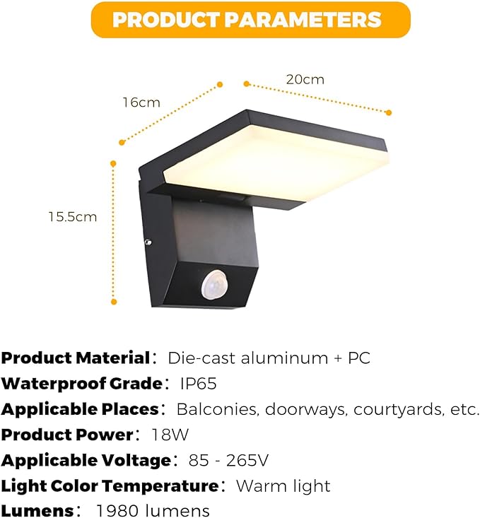 LED Motion Sensor Outdoor Wall IP65 18W, Black Folding LED Wall Lamp, 3000K Waterproof Courtyard Wall for House Porch Garage