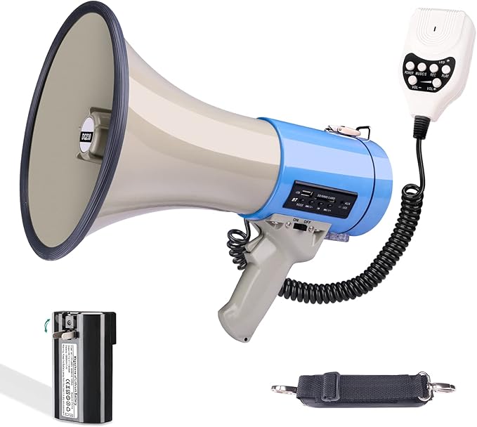 50 Watt Professional Bluetooth Megaphone Bullhorn Speaker with Rechargeable Battery & Portable Strap - Siren and Recording - USB/SD/AUX Input - for Police, Cheerleading, Outdoor
