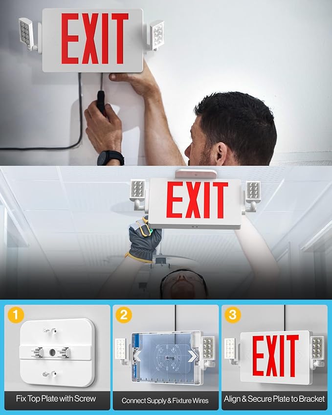 Sunco Exit Signs With Emergency Lights, Two Adjustable LED Lights With Backup Battery, Red, 94V-0 Fire Resistant, 120-277V, Wall Or Ceiling Mount, Commercial Grade UL 4 Pack.