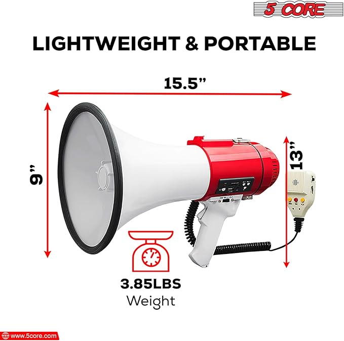 5 CORE Megaphone 60W Bull Horn Professional PA Speaker w 1200 Yards Range Loud Siren Voice Amplifier USB/SD/3.5mm Aux Portable Megafono for Emergency Outdoor Sports and Coaches - 77SF