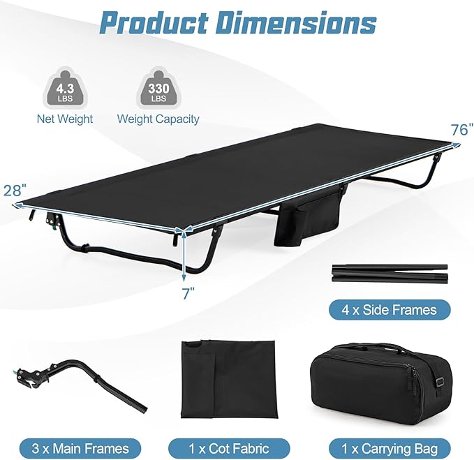 GYMAX Ultralight Camping Cot for Adults, Portable Folding Camping Bed w/Side Pocket, Carry Bag, Compact Sleeping Cot for Outdoor Backpacking Travel Hiking Home Beach, Supports 330 LBS (2)