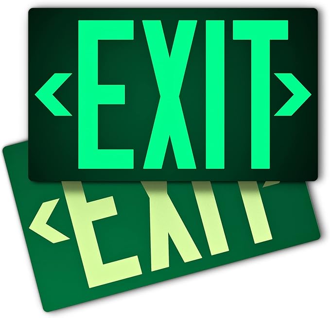 Photoluminescent Exit Sign Aluminum - Adhesive Backing Glow In The Dark - Removable Arrows Included - 12x7 Inches - Non Electrical Green Exit Light For 50 Feet Visibility (2 Pack)