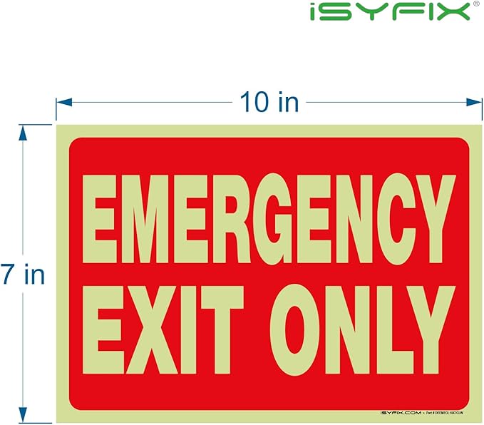 iSYFIX Emergency Exit Only Glow in the Dark Sign Stickers – 6 Pack 10x7 Inch – Photoluminescent Vinyl, Laminated for UV, Weather & Fade Resistance, for Business, School, Office, Warehouse