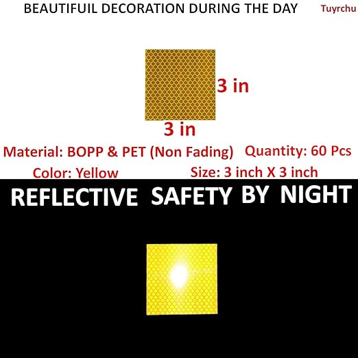 Yellow Reflective Stickers 3 inch X 3 inch, Outdoor Waterproof High Visibility Warning Safety Adhesive Reflector Tape (60 Pcs)