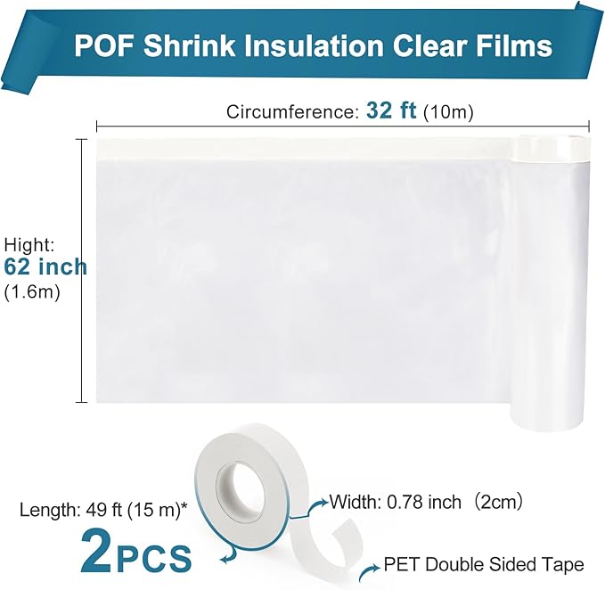 Window Insulation Kit for Winter Fits up to 10 Windows, Plastic Window Winterizing Seal Kit 63 Inch×32 Ft with Double-Sided Tape, Heavy Duty Rolled Shrink Film Easy Installation, Clear
