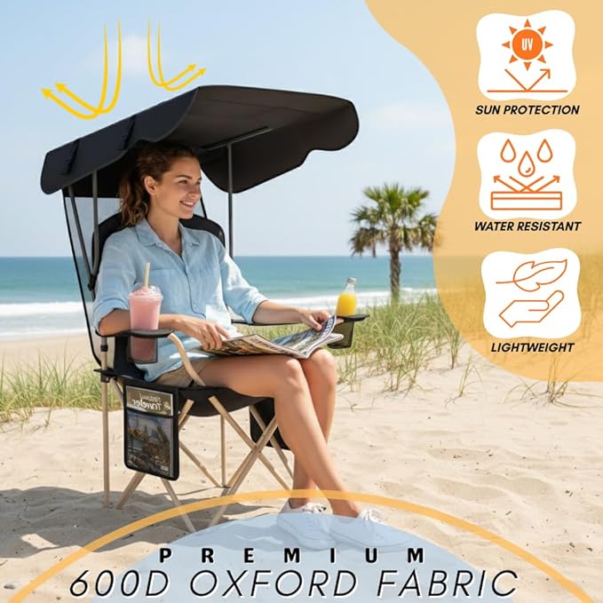 Portable Folding Camping Chairs with Canopy Shade, Beach Chair for Adults, Durable Weather Resistant 600D Oxford Cloth, Camping Chair with Canopy for Outdoors [Black-2 Pack]