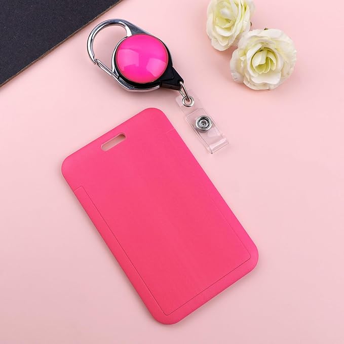 Pink Retractable Badge Holder with Carabiner Clip, Heavy Duty ID Card Holder for Work, School & Events, Simple Card Sleeve for Girls, Teacher, Women