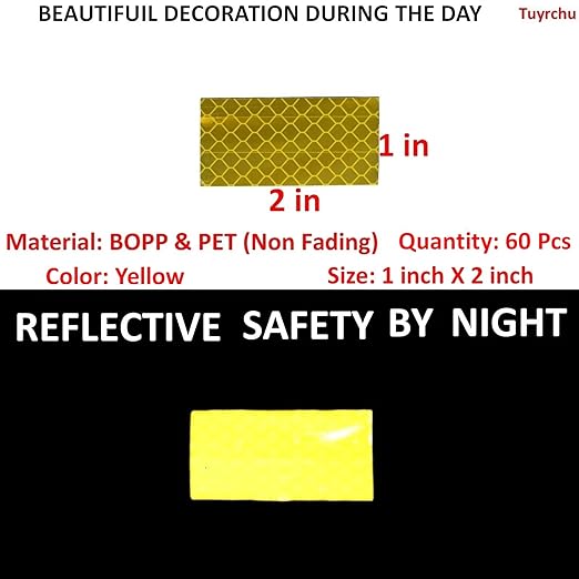 Yellow Reflective Stickers 1 inch X 2 inch, Outdoor Waterproof High Visibility Warning Safety Adhesive Reflector Tape (60 Pcs)