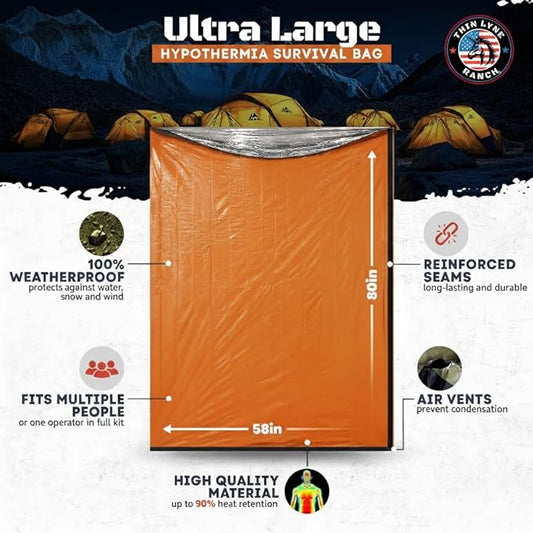 Ultra-Large Emergency Sleeping Bag for Survival - Hypothermia Prevention & Shelter - Multi-Person Bivvy Sack - Ideal Survival Gear, Emergency Bivy Camping Essentials