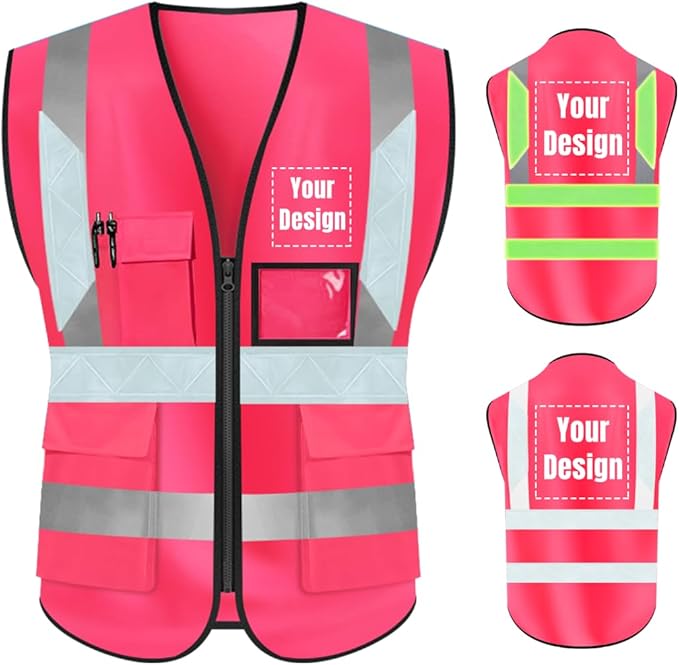 YOWESHOP High Visibility Safety Vest Custom Your Logo Protective Workwear 5 Pockets With Reflective Strips Outdoor Work Vest (2XL, Pink Luminous)