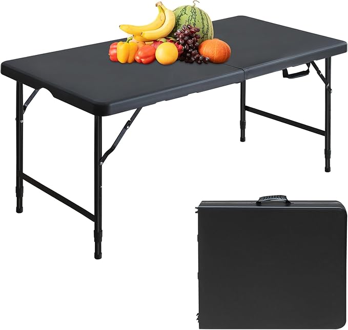 Portable 4Ft Adjustable Height Plastic Folding Table, Heavy Duty Fold-in-Half Table with Carrying Handle, Small Utility Foldable Table for Picnic Party Camping BBQ, Indoor/Outdoor(Black)