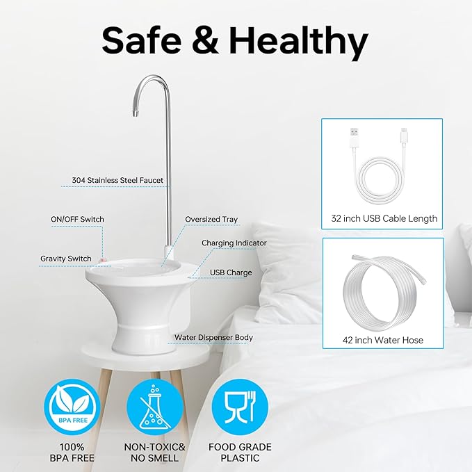 Water Dispenser for 5 Gallon Bottle - Automatic Electric Drinking Water Dispenser, Water Bottle Pump for 2-5 Gallon Water Jugs, USB Rechargeable Water Pump with 2 Switch Control for Home, Camping