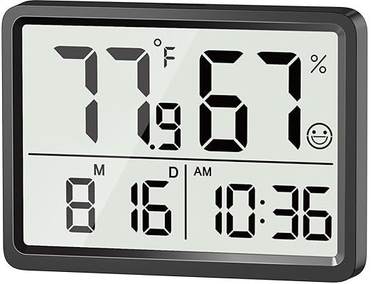 DOOMAY Room Thermometer Indoor - Hygrometer Temperature and Humidity Monitor with High Accuracy Sensor LCD Display Large Display Date Clock for Kitchen Baby Room Office (Black)