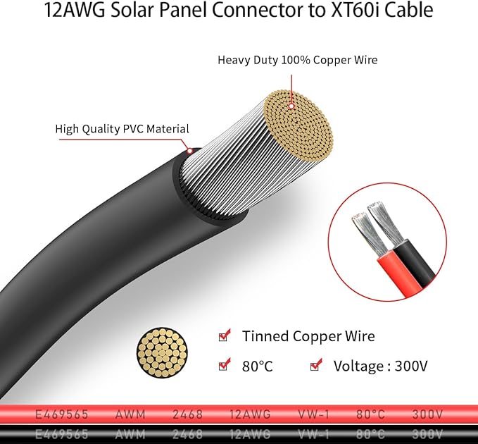 12AWG 35FT Solar to XT60i Cable 2 10 25 35 50 75 100FT Solar Connector to XT60i Adapter Cable for Portable Power Station (35FT)