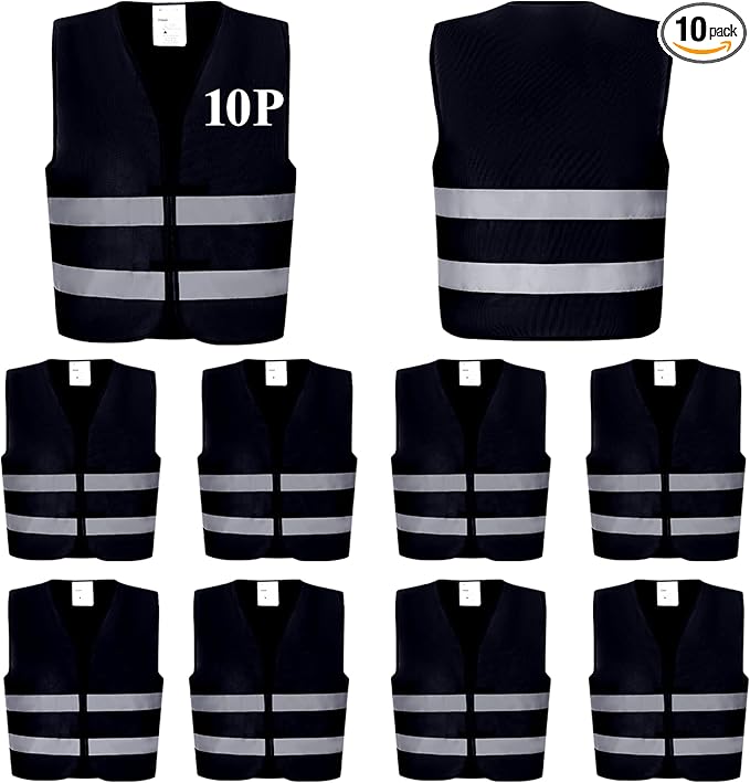 Black Safety Vests 10 Pack - Reflective High Visibility Construction ANSI Class 2 Work Vests for Men,Woman,Hi Vis Mesh and Neon Silver Strip