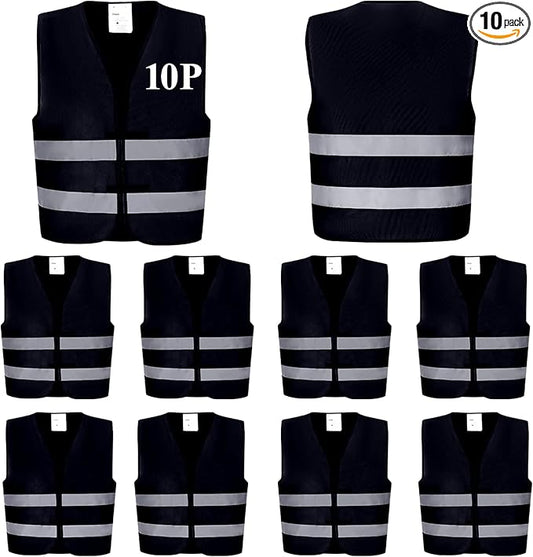 Black Safety Vests 10 Pack - Reflective High Visibility Construction ANSI Class 2 Work Vests for Men,Woman,Hi Vis Mesh and Neon Silver Strip