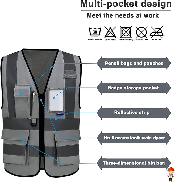 Reflective Security Safety Vests Heavy Duty with 7 Pockets and Front Zipper