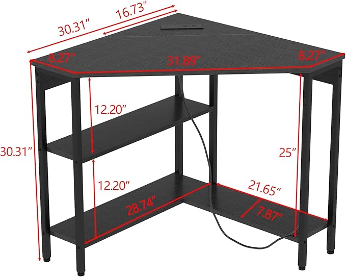 Auromie Corner Desk with Outlets & USB Ports, 90 Degree Triangle Corner Table with CPU Stand & Storage Shelves for Small Space, Computer Table with Charging Station for Home Office Bedroom (Black)