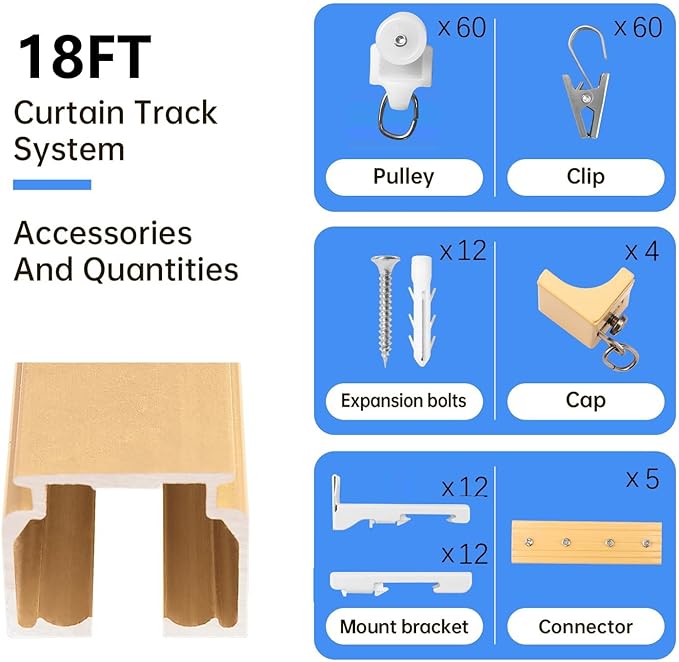 Ceiling Curtain Track Ceiling and Wall Mounted Heavy-Duty Curtains Rails Room Divider Curtains Shower RV Tracks Ceiling Sliding Curtain Rods With Clips, Gold 18ft.