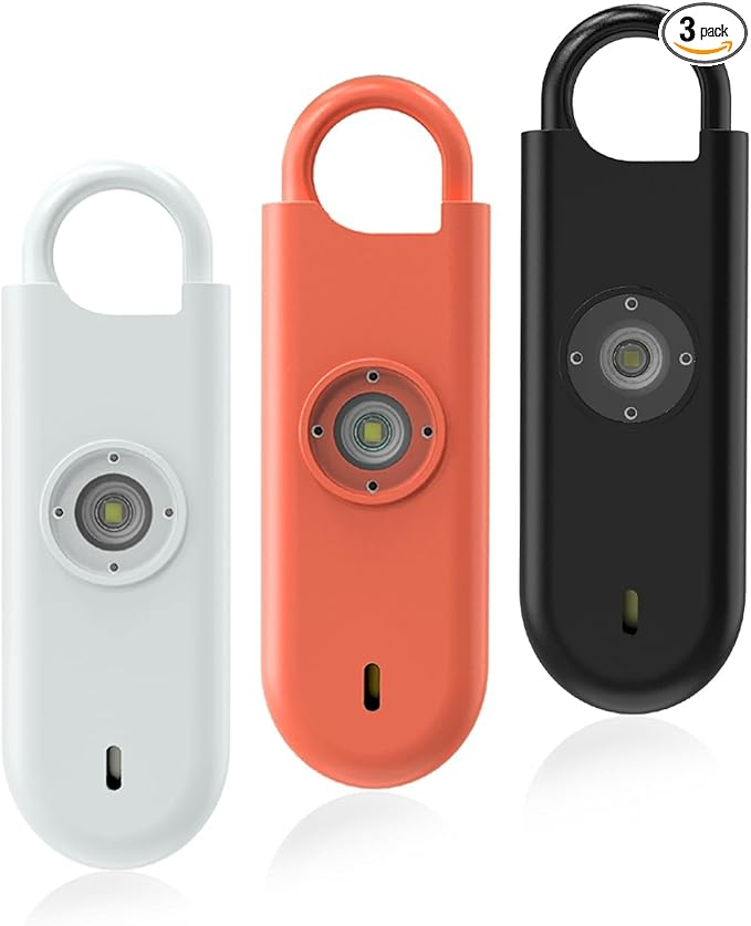 140dB Personal Safety Alarm for Women, 3 Pack Safe Alarm Protection Keychain with Strobe Light & Low Battery Notice, Security Siren Self Defense for Seniors College Girls, White+Orange+Black