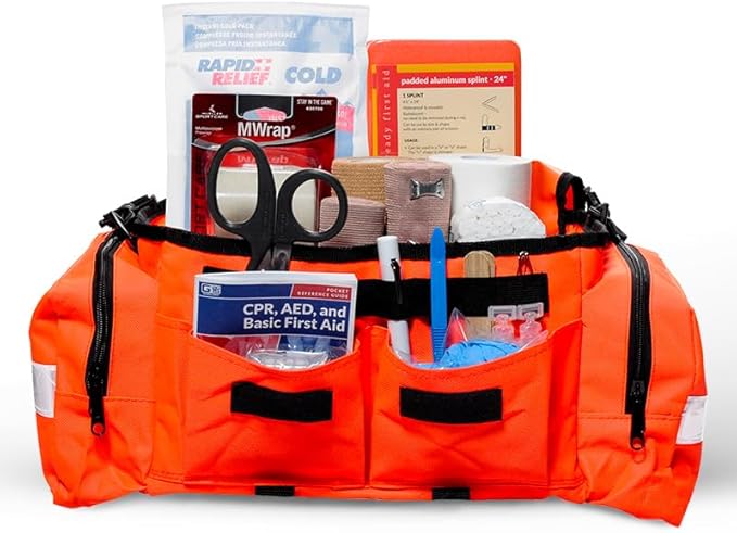 MFASCO Sports First Aid Kit Bag – 326-Piece Athletic Medical Kit in Orange EMT Bag, Coach's First Aid Kit for Youth Sports, Soccer, Football, Emergency Sports Kit Supplies for Athlete Sports Injuries