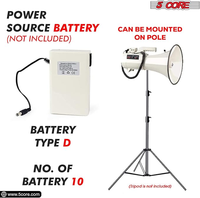 5 CORE Megaphone 100W Bull Horn Professional PA Speaker w 2000 Yards Long Range Loud Siren Voice Amplifier USB/SD/3.5mm Aux Portable Megafono for Emergency Outdoor Sports and Coaches - 4501 USB