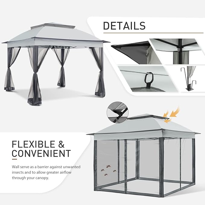 COOS BAY 11x11 Pop-Up Instant Gazebo Tent with Mosquito Netting Outdoor Canopy Shelter with 121 Square Feet of Shade (Gray)