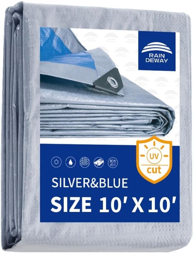 RAINDEWAY Tarps 10x10 Feet - 5.5 Mil, Multipurpose Waterproof Poly Tarp Cover with Metal Grommets and Reinforced Edges, Silver/Blue Tarp