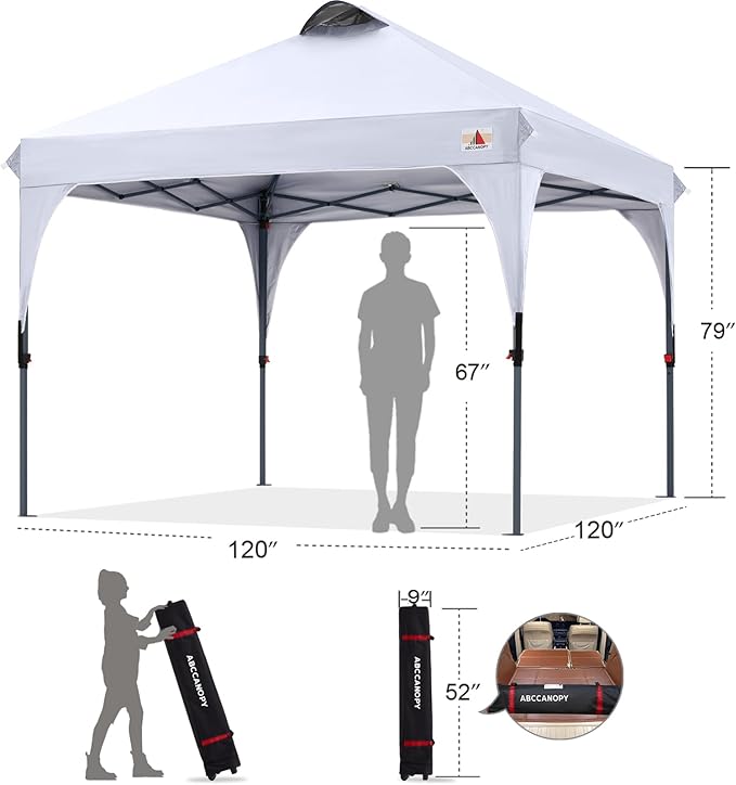 ABCCANOPY Outdoor Pop up Canopy Tent, 10x10 Instant Portable Canopy for Camping, Beach, Backyard, White