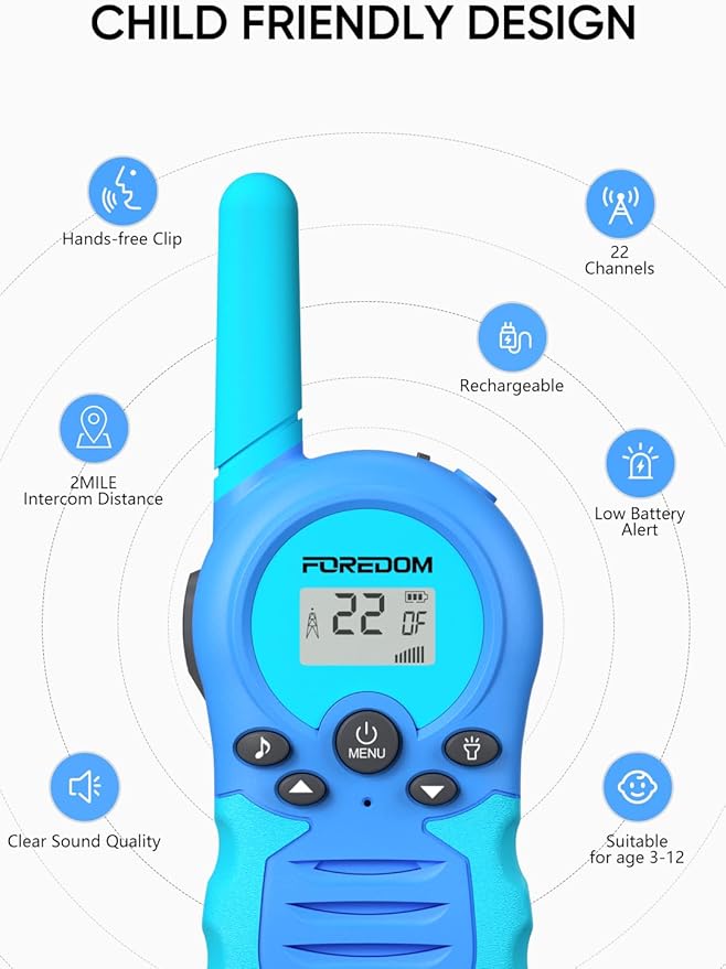 FOREDOM Rechargeable Walkie Talkies for Kids Walkie Talkies Long Range for Boy & Girl Age 3 to 12 Year Old Birthday Toys - 2 Pack