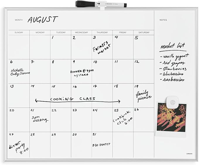 U Brands Magnetic Dry Erase Calendar White Board, 16" x 20", Silver Aluminum Frame, Includes Magnet and Marker
