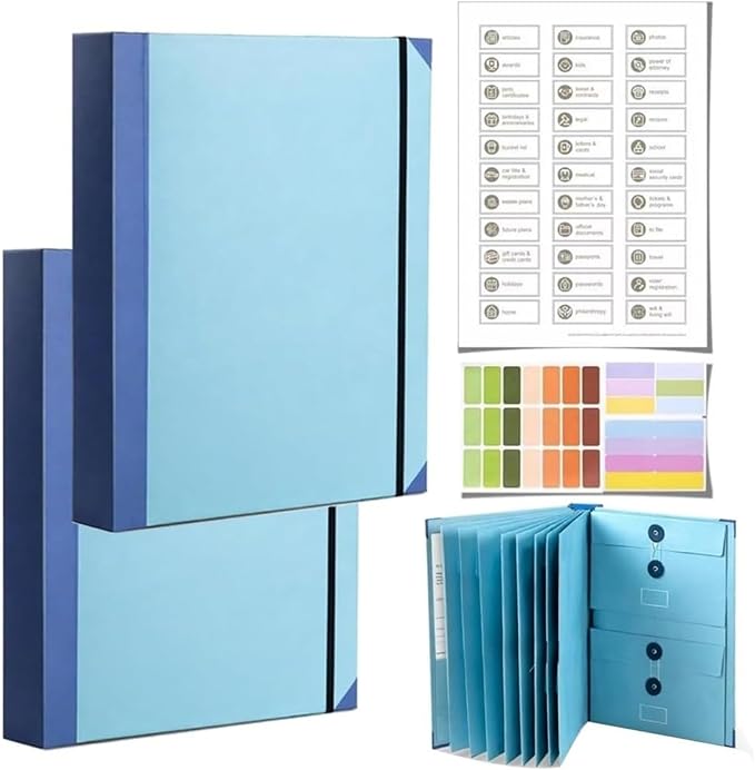 Important Document Organizer Binder – Family File Folder Organizer & Important Document Folder for Certificates, Passports, Vital Records, Emergency Planning, Home Office Document Storage (2PC Blue)