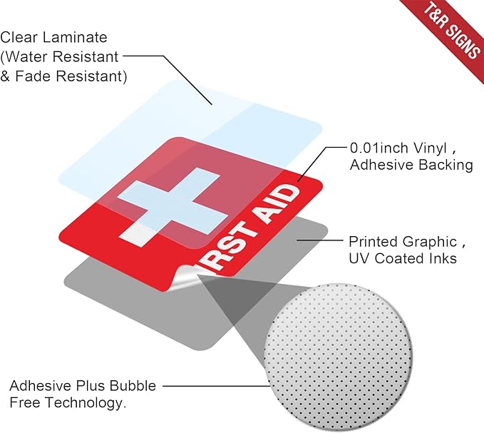 T&R First Aid Stickers, First Aid with Cross Symbol - 10 Pack - 5 x 5 Inches Reflective Label, UV Resistant, Waterproof, Fade and Scratch Resistant, Suitable for Indoor and Outdoor