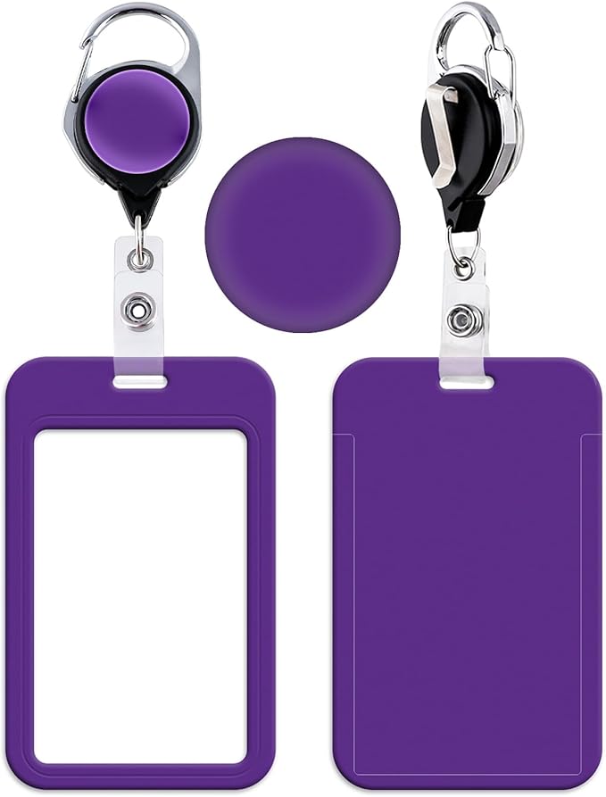Purple Retractable Reel Clip with ID Card Holder, Durable & Convenient Lanyard Reel for Work, Events, School, Office, Fashion Card Sleeve for Nurse, Teacher, Women