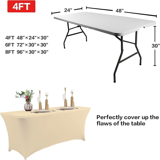 IVAPUPU 4FT Table Cloth for Rectangular Fitted Events Stretch Champagne Table Covers Washable Cover Spandex Tablecloth Protector for Party, Wedding, Cocktail, Banquet, Festival