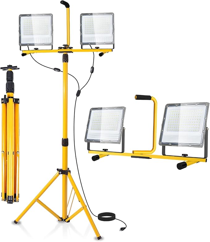 30000 Lumen LED Work Light with Stand, 2-Head Adjustable Work Lights with 16.5FT Extended Cord, IP65 Waterproof Work Lamp for Indoor & Outdoor Job Sites, Workshops, Construction, Garage Lighting